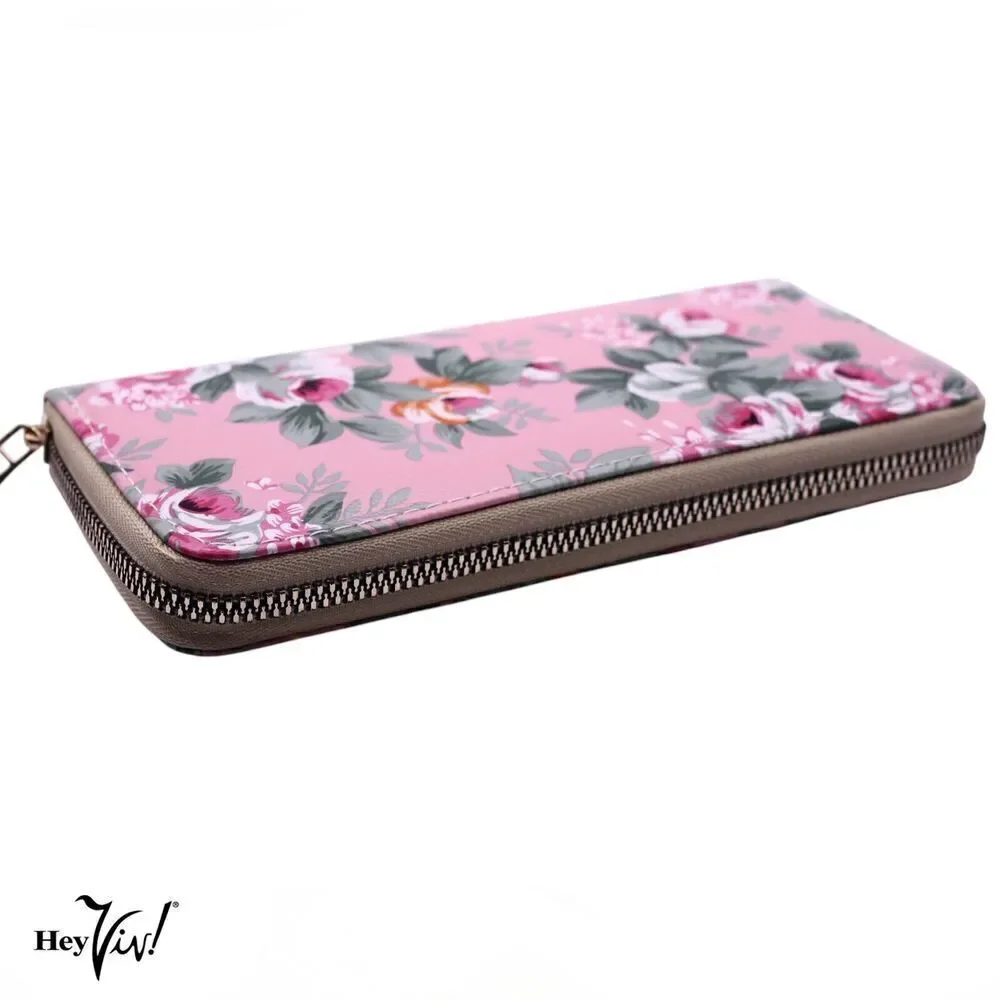 Pink Rose Floral Print Zip Wallet Clutch Easy to Hold and Carry 8 x4